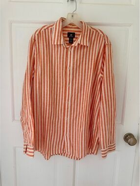 H&M linen Vertical Orange/White Striped Button-Up Classic Shirt Size L